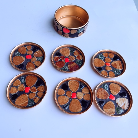 Vintage Other - MCM Mosaic Copper Coasters Set Of 6